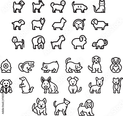 Domestic Animals icons outline set on white background