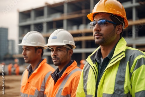Team of construction workers, engineers or architects wearing hat and safety suit at construction building site
