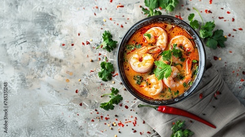 tom yum kung Spicy Thai soup with shrimp in a black bowl on a dark stone background photo