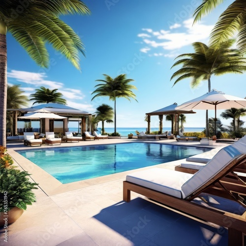 Luxurious resort pool with palm trees and blue water