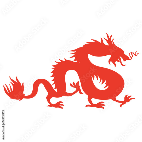 Red Chinese Dragon Silhouette with Flat Design and Shapes. Vector Illustration.