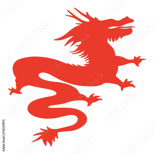 Red Chinese Dragon Silhouette with Flat Design and Shapes. Vector Illustration.