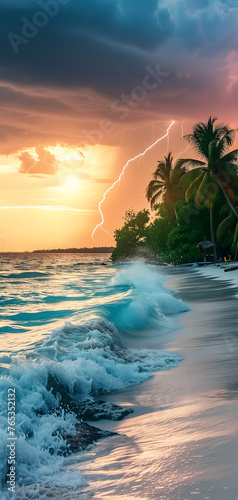 tropical beach view at cloudy stormy sunset with white sand  turquoise water and palm trees. Neural network generated image. Not based on any actual scene or pattern.