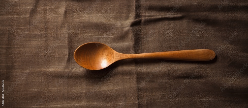 A wooden spoon, a staple kitchen utensil, rests on a brown cloth. Crafted from hardwood, it is stained and varnished to enhance its durability A wooden spoon, a staple kitchen utensil, rests on a brown cloth. Crafted from hardwood, it is stained and varnished to enhance its durability