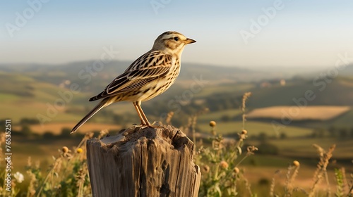 Serene Moment: A Skylark Gracefully Perched on a Weathered Fence Post, Embracing the Stillness of Nature's Beauty Under the Vast Open Sky