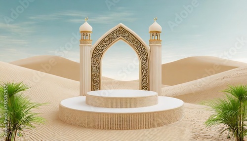 islamic display podium with mosque gate background in the sand dunes ramadan kareem mawlid isra miraj eid al fitr adha muharram 3d illustration photo