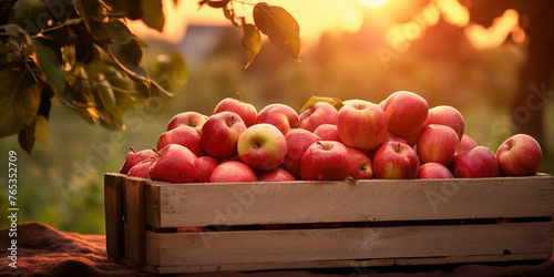 A crate of apples in a garden with sunlight background Organic red apples in a wooden box on the field. Space for text, mockup, crate of apples in a field with sunset in the background