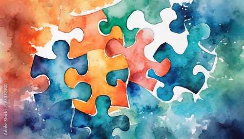 interlocking puzzle pieces with a watercolor texture symbolizing connection and diversity in a colorful abstract design