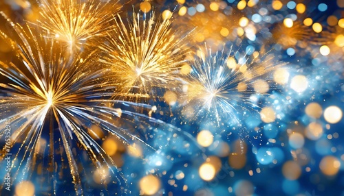 background of abstract gold silver and blue glitter lights with fireworks defocused