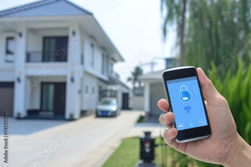 Smart home security systems in action. Hand hold smartphone with security app on display.