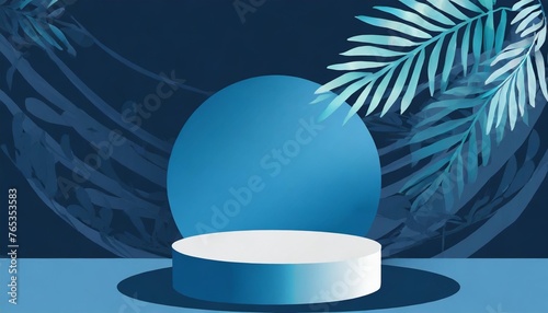 round cylinder shape pedestal platform for products or cosmetics against dark blue background with leaves shadows product display background