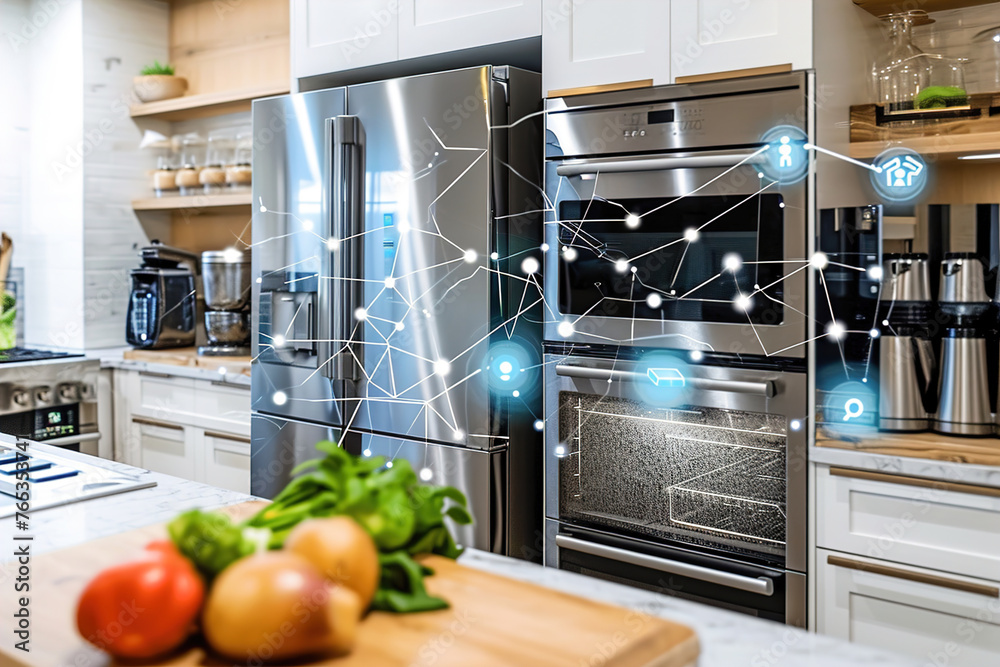A smart refrigerator showcasing features and connectivity in the kitchen.