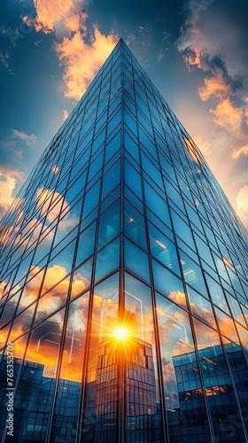 Innovative office building, sleek glass facade, reflecting the sky, set against a vibrant urban landscape, Realistic image, Silhouette lighting, HDR effect