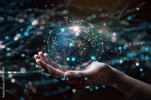 Digital transformation concept with a human hand holding a globe surrounded by data streams photo
