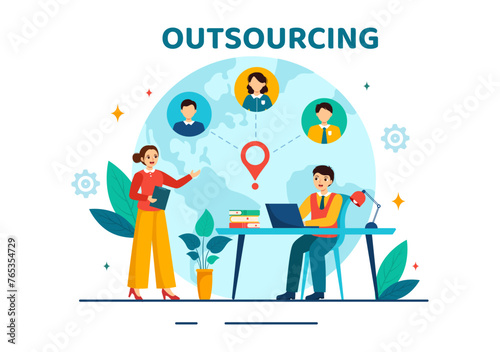 Outsourcing Business Vector Illustration with Idea of Teamwork, Company Development, Investment and Project Delegation in Flat Cartoon Background