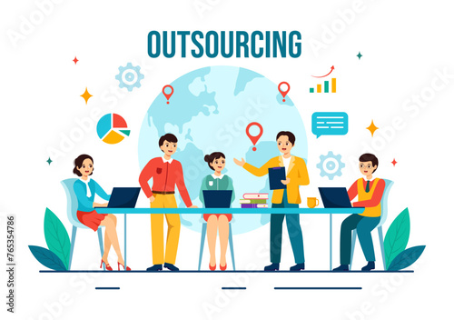 Outsourcing Business Vector Illustration with Idea of Teamwork, Company Development, Investment and Project Delegation in Flat Cartoon Background