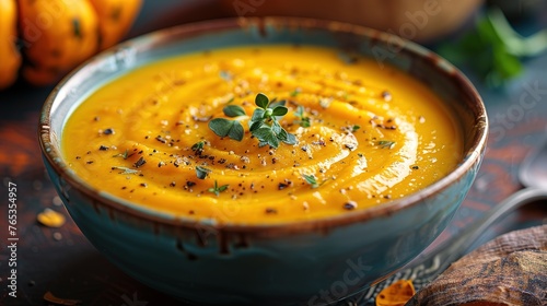 Pumpkin soup with thyme herb, cream and pumpkin seeds served in black bowl, top view photo
