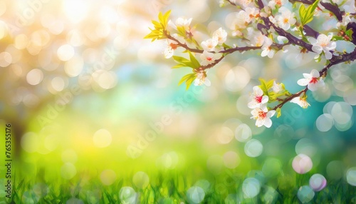 spring nature easter art background with blossom beautiful nature scene with blooming flowers tree and sun flare sunny day spring flowers beautiful orchard abstract blurred background springtime © Tomas