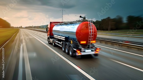 Motion blurred tanker truck on the highway. Industry and pollution concept. photo