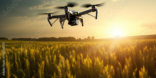 Quadcopter drone flying over field in nature panorama Agricultural drone flying over a lush green field