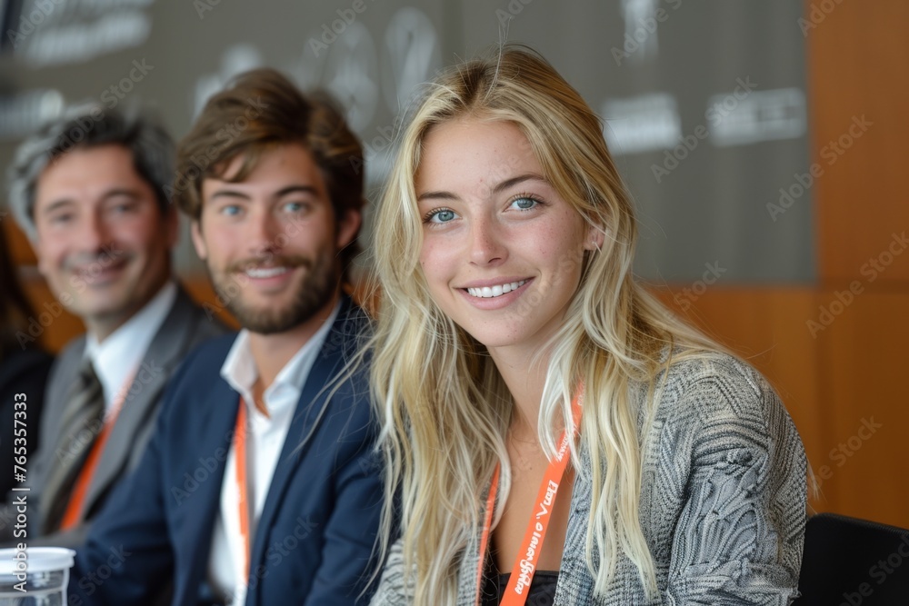A young professional with a bright smile participates in a conference, exuding confidence and enthusiasm among colleagues. A young professional with a bright smile participates in a conference, exuding confidence and enthusiasm among colleagues.