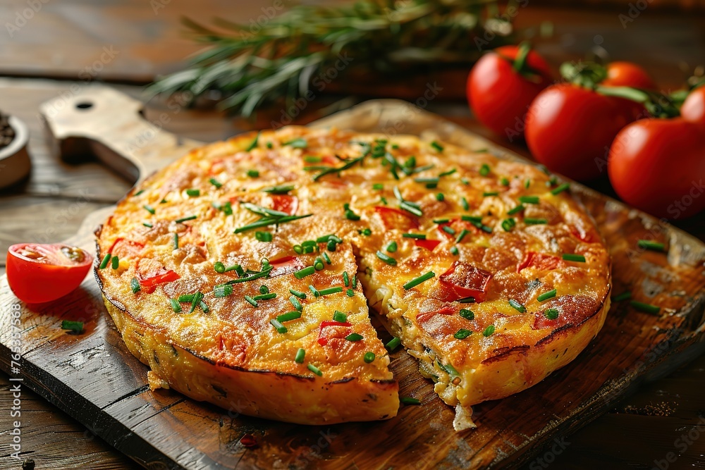 Spanish omelette with potatoes and onion, typical Spanish cuisine. Tortilla espanola. - obrazy, fototapety, plakaty 