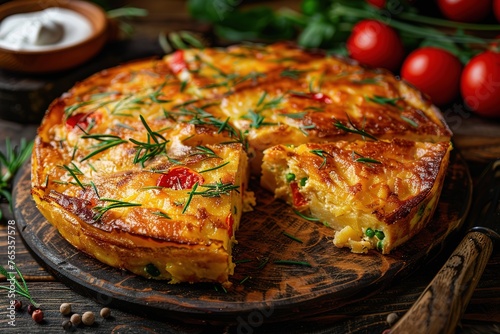 Spanish omelette with potatoes and onion, typical Spanish cuisine. Tortilla espanola. photo
