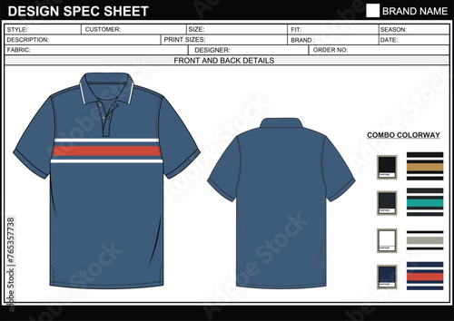TECH PACK STRIPED POLO HALF SLEEVE T SHIRT EASY EDITABLE TECHNICAL FLAT SKETCH ILLUSTRATION DESIGN.eps