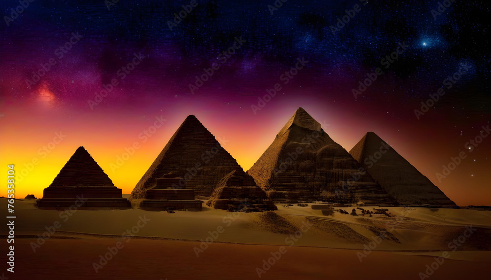 A photo of the pyramids in Egypt with a starry night sky in the background