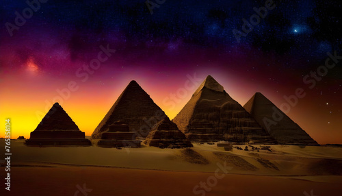 A photo of the pyramids in Egypt with a starry night sky in the background