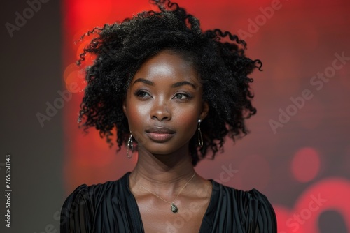 A poised young woman participates in a TED Talk, addressing significant issues with a confident and forward-thinking attitude. photo