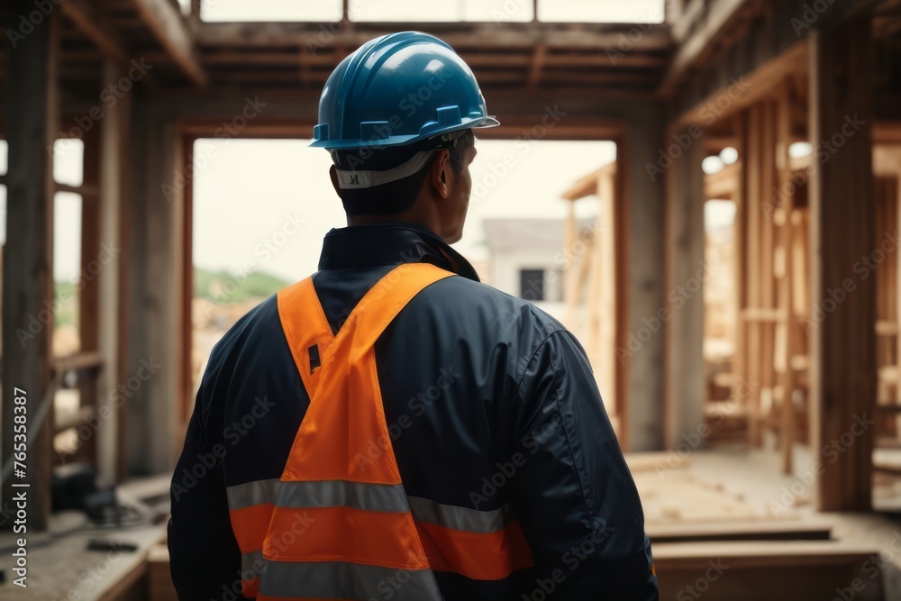 back view of construction worker foreman wearing hat and safety suit supervising construction at construction building site back view of construction worker foreman wearing hat and safety suit supervising construction at construction building site