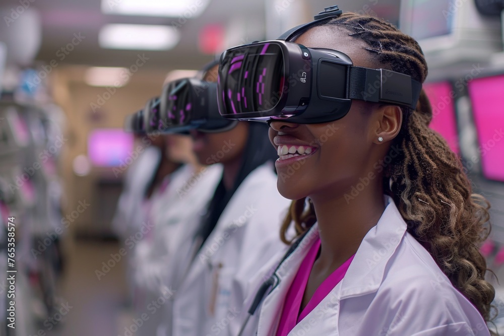 Joyful medical students experiencing virtual reality in a modern training environment.