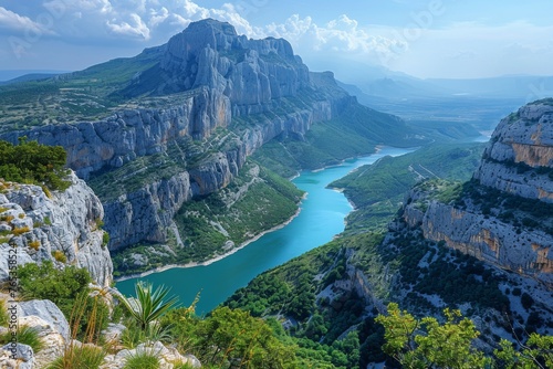 Breathtaking view of a canyon with a river meandering through it under clear skies.