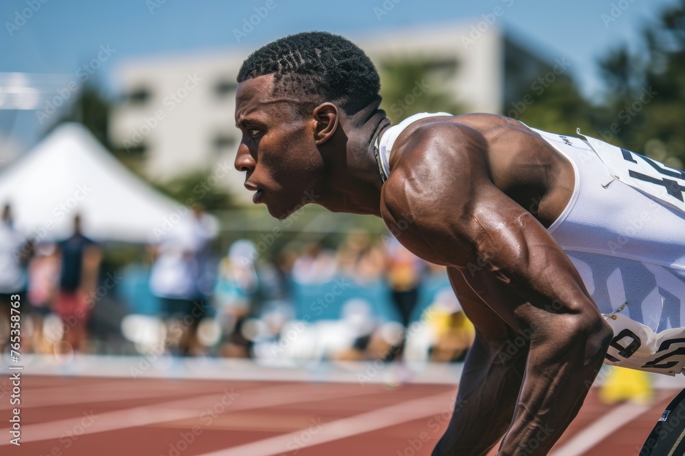 A focused athlete in starting position on a track field, ready to sprint. A focused athlete in starting position on a track field, ready to sprint.