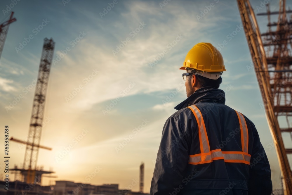 back view of construction worker engineer wearing hat and safety suit at construction site back view of construction worker engineer wearing hat and safety suit at construction site