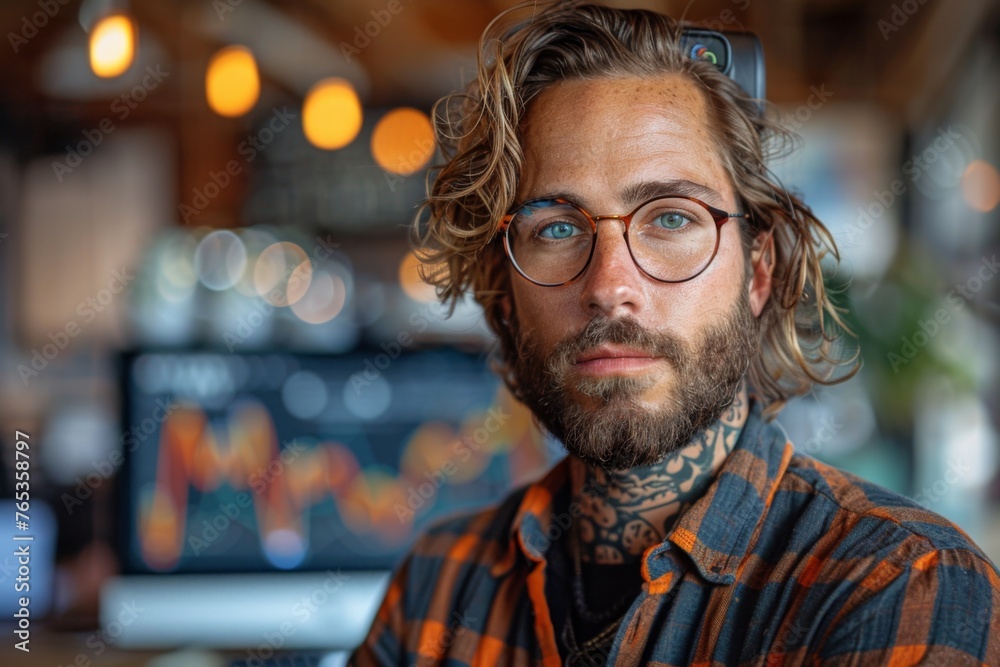 Man with tattoos and glasses in a plaid shirt at a workspace with screens. Man with tattoos and glasses in a plaid shirt at a workspace with screens.