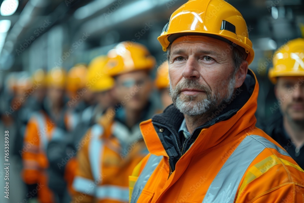 A seasoned worker in high-visibility gear stands confident amidst the industrial setting of a busy factory.