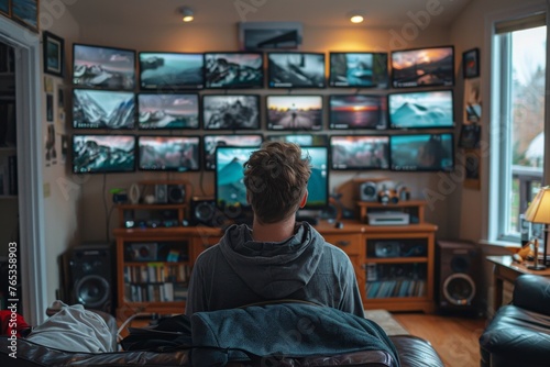 A person is immersed in a multiscreen setup, monitoring an array of broadcasts in a cozy home environment.