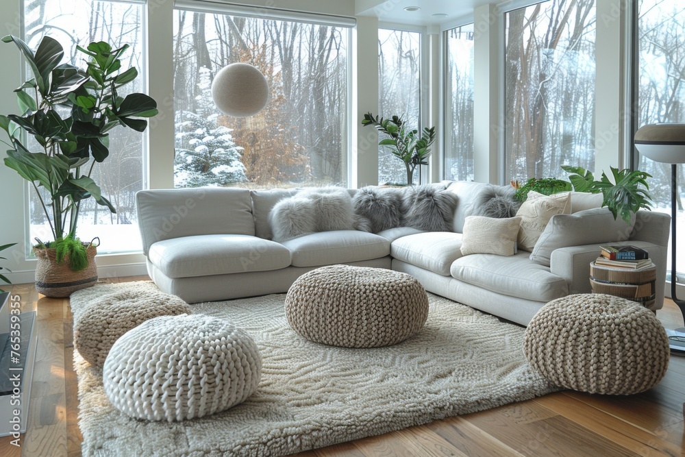 A spacious, snowy view through large windows complementing a modern white sofa and soft pouffes in a clean living room. - obrazy, fototapety, plakaty 