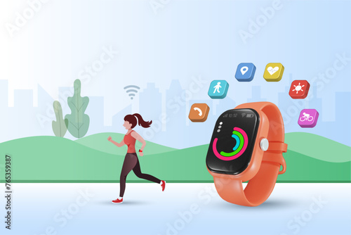 Smart watch technology. Woman jogging at park with smartwatch fitness tracking. Wearable fashion technology. develops smart lifestyle. 3D Vector.