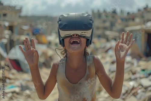 Wallpaper Mural A child laughing joyously while using a virtual reality headset amidst a backdrop of a worn-down urban environment. Torontodigital.ca