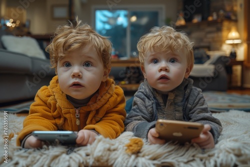 Two mesmerized toddlers in warm outfits lie on a fluffy rug at home, focused on smartphones.