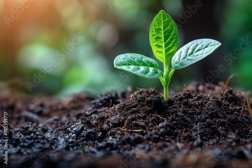 A single young green plant sprouting from the soil, representing growth, sustainability, and environmental care.