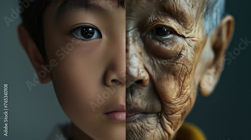 The face is divided into two halves - half of an Asian boy and half of an old Asian man. Distinguishing childhood and old age, aging, maturation, longevity, lifespan, aging, gerontology. photo