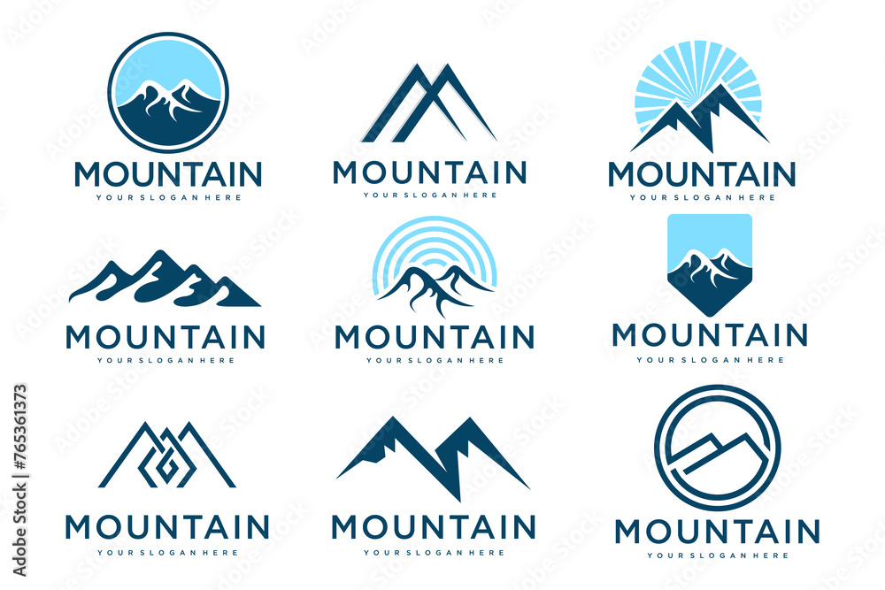 Set of mountain logo . Rocks and peaks logo design elements . Vector illustration