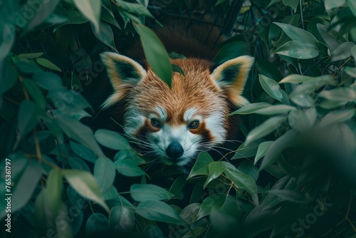 A detailed photograph capturing a red panda in high definition, its endearing face framed by lush green foliage, the play of textures and colors creating a captivating scene.  © Zaitoon