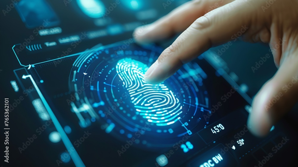 A man is pointing to a fingerprint on a screen. Concept of security and identification - obrazy, fototapety, plakaty 
