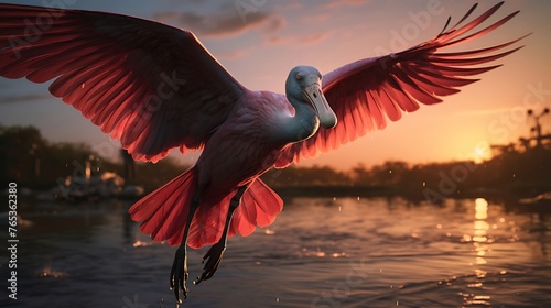 Gleaming Grace: Capturing the Majestic Flight of a Spoonbill During the Golden Hour, Illuminating Nature's Splendor in Golden Light