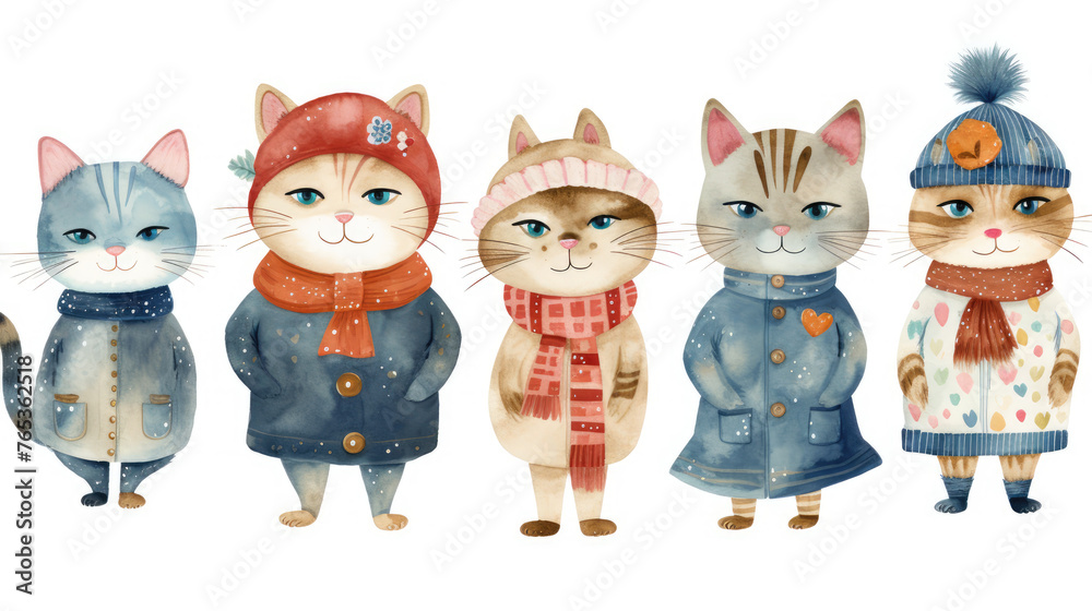Collection Set of Cute and Funny Cat Wearing Winter Clothes For Christmas Event, Isolated On White Abstract Background. Oil Watercolor Style. With Tree Nature Element. December Winter Season Collection Set of Cute and Funny Cat Wearing Winter Clothes For Christmas Event, Isolated On White Abstract Background. Oil Watercolor Style. With Tree Nature Element. December Winter Season